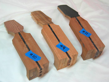 Necks for Mandonators 9, 10, and 11 prior to fingerboard